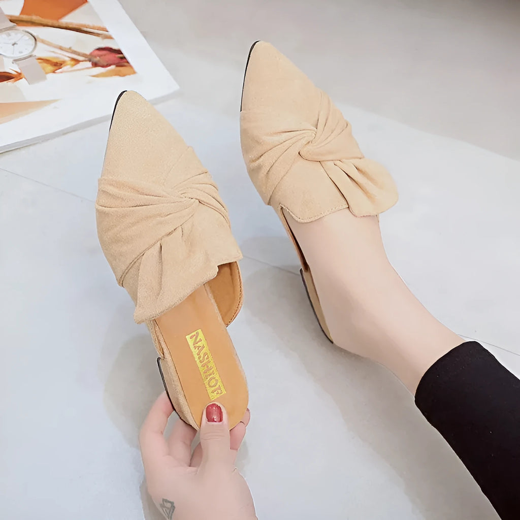 Suede pointed slippers with bow, low square heel 1-3CM, black and beige, sizes 35-39