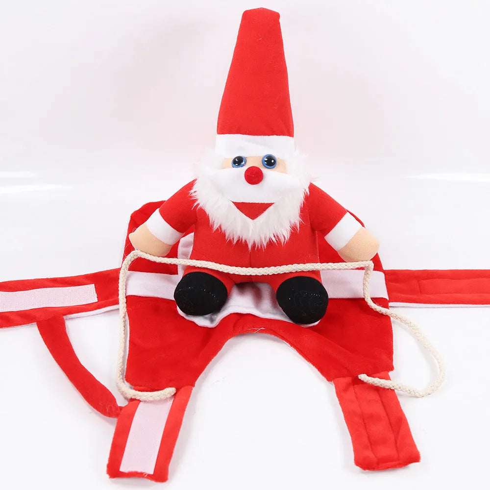 Santa Claus horseback riding pet costume in cloth, styles Brown, Christmas doll, Old man doll, sizes S to XL.