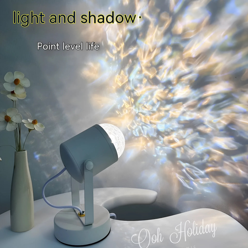 Dynamic water ripple ambience light lamp with desktop stand and ceiling mount options.