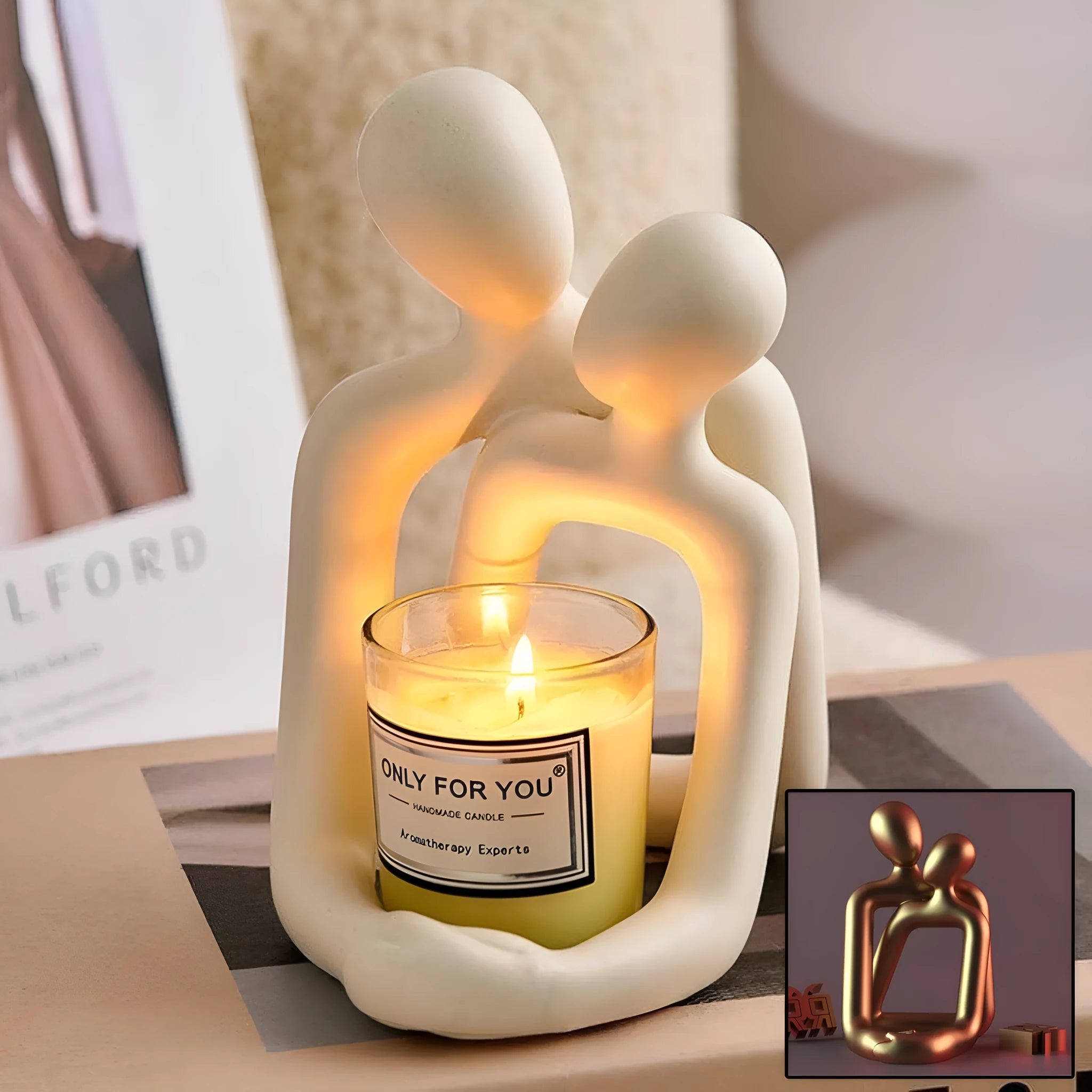 Modern minimalist resin statue of a loving couple in gold or milky white finish.