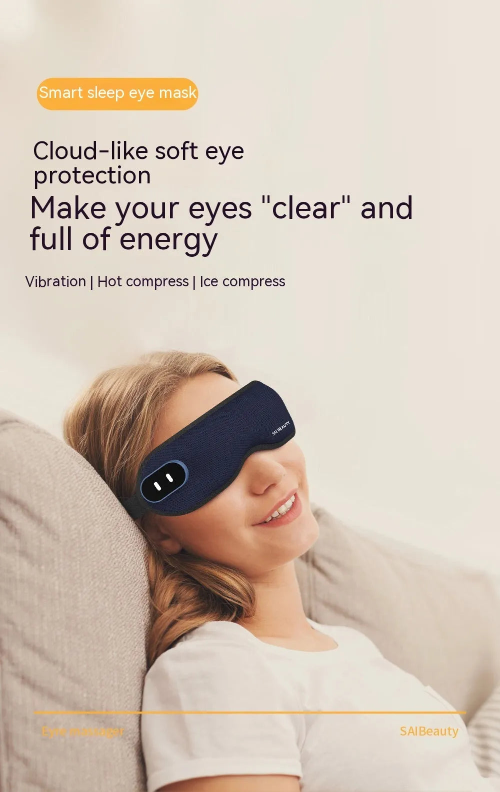 Lycra fabric steam sleep mask with USB charging cable and battery case on a flat surface