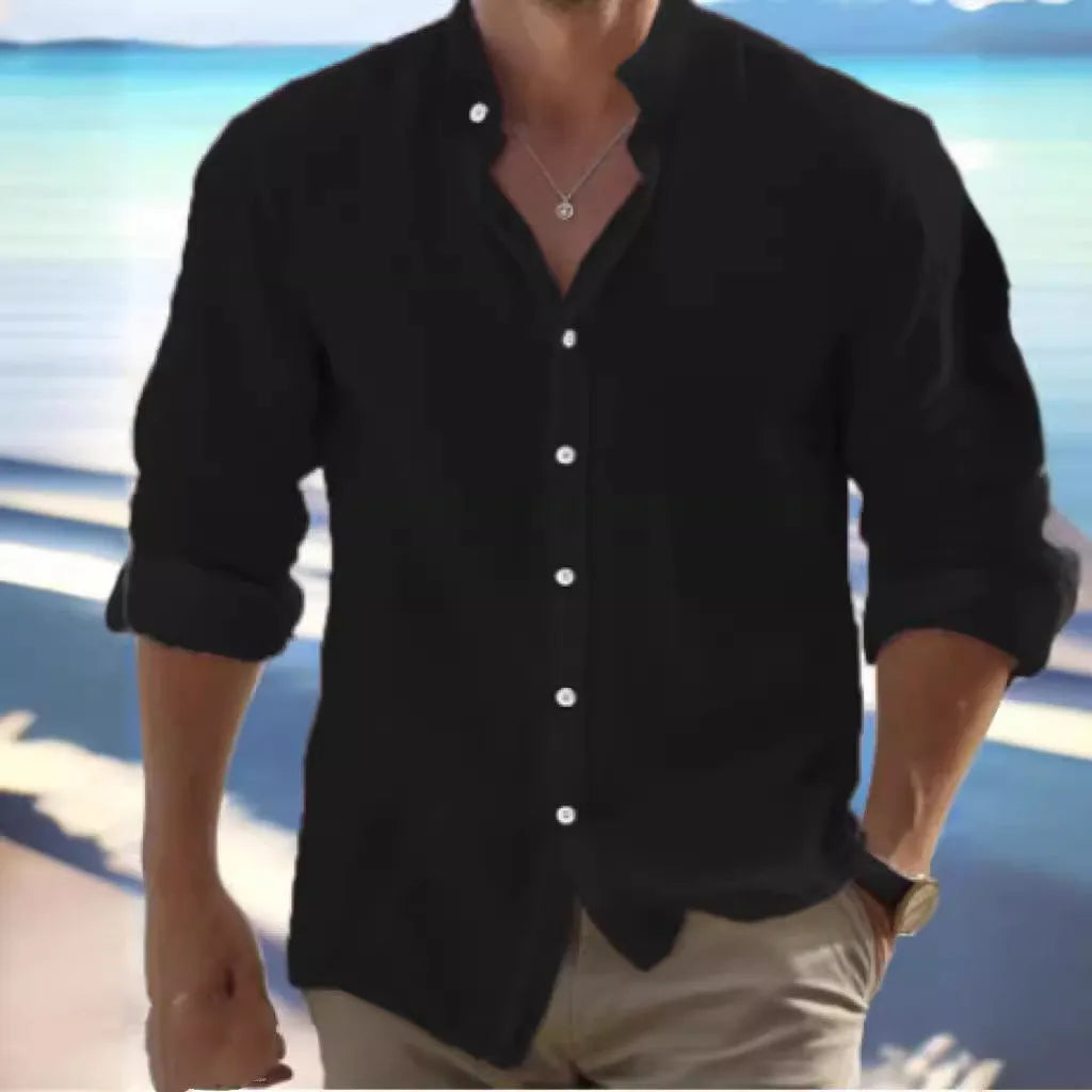 Man wearing a light blue long-staple cotton pullover collar summer shirt