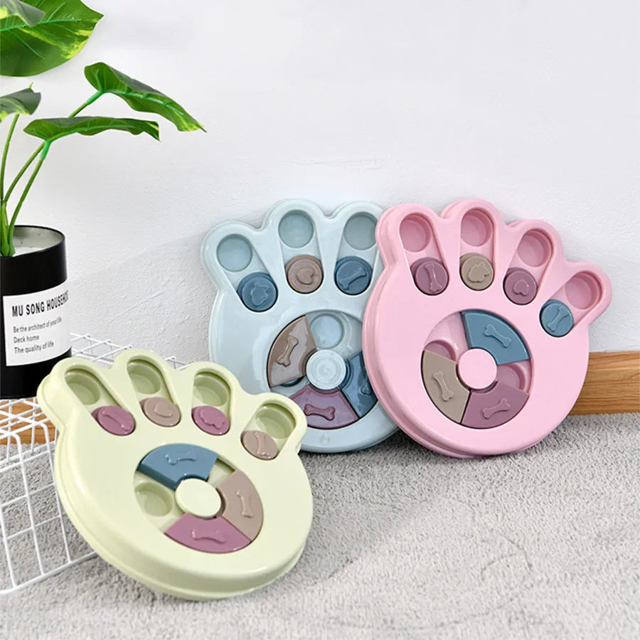 Dog puzzle feeder toy in PP material with non-slip base, available in footprint, round and hexagonal styles.