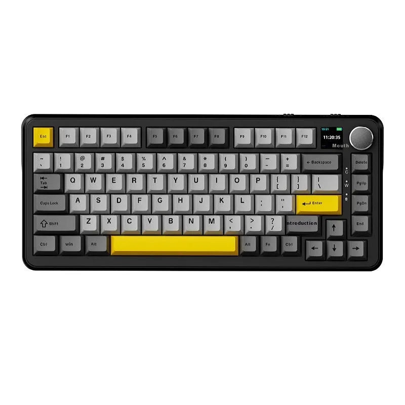 Three-mode wireless mechanical keyboard with black, grey and yellow colour scheme and included accessories