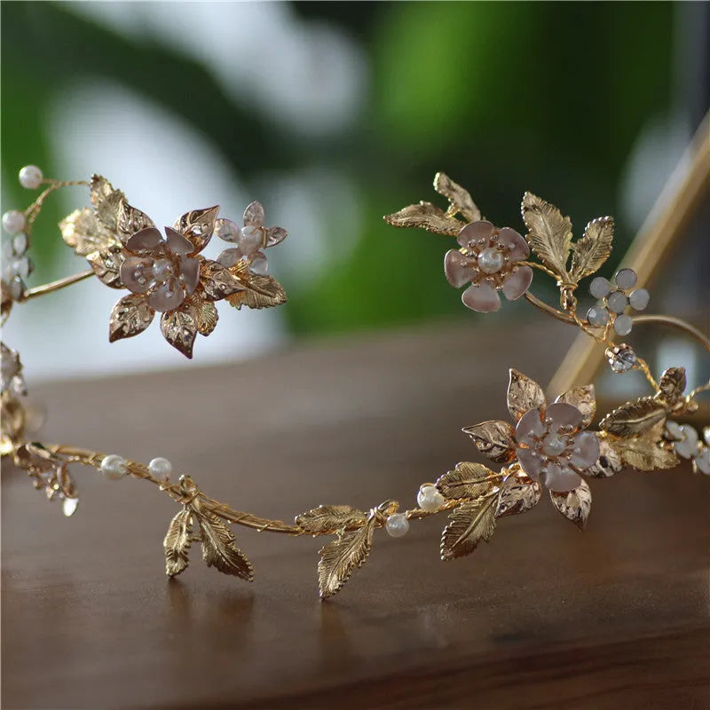 Shaped asymmetric handmade bridal crown Kc gold with imitation pearl and rhinestone details