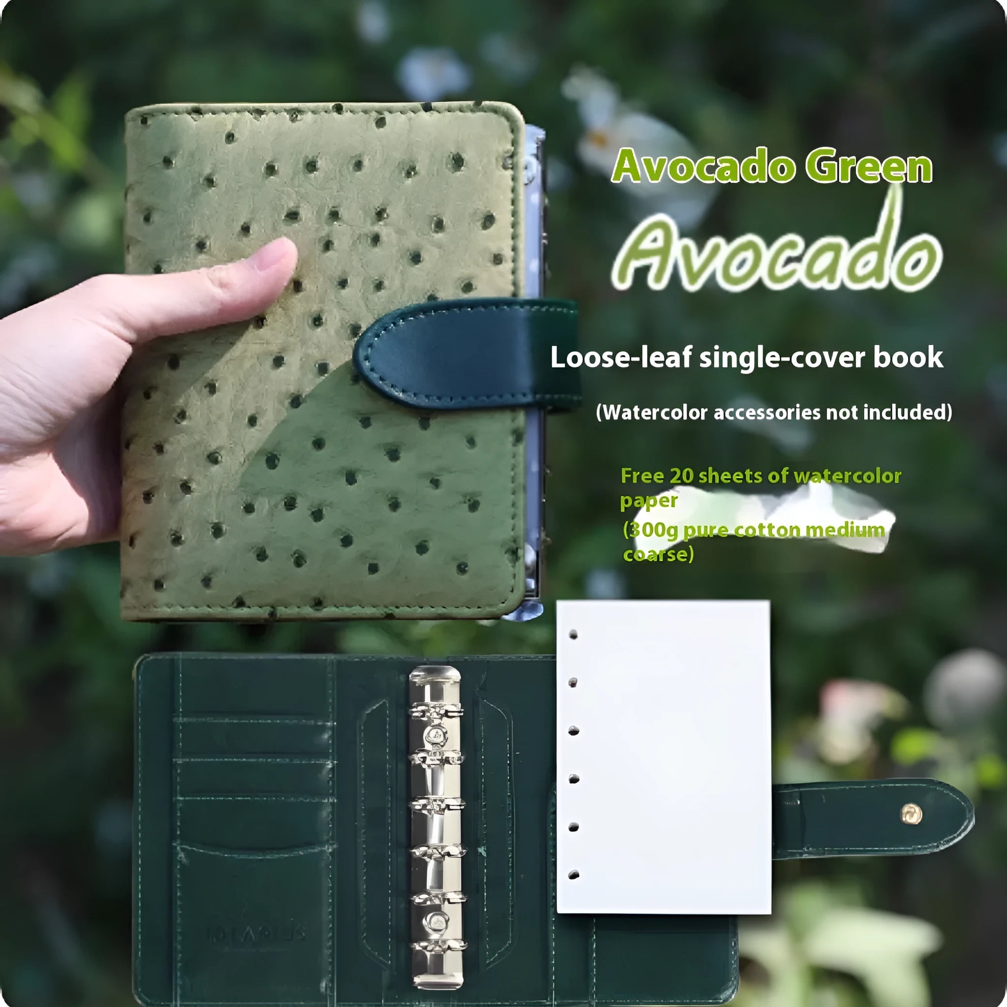 A7 mini loose-leaf watercolour sketchbook in avocado green, hazelnut brown, mango pudding, mocha coffee, or rainforest green.