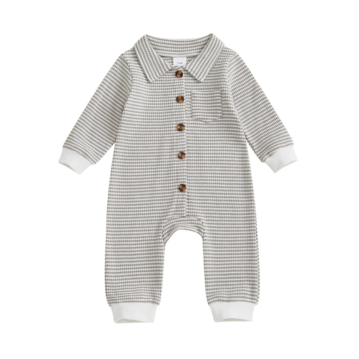 Babies cotton waffle front-open single-breasted long sleeve jumpsuit in light gray