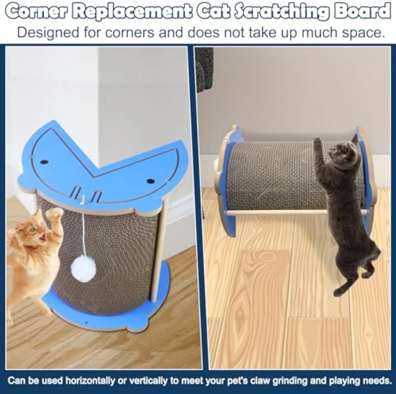 Grey cardboard corner cat scratcher with hanging ball toy attached