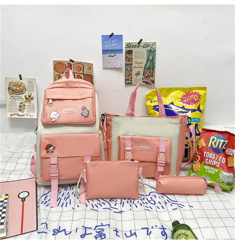Korean style Oxford cloth student four-piece set backpack in pink with sewing thread details