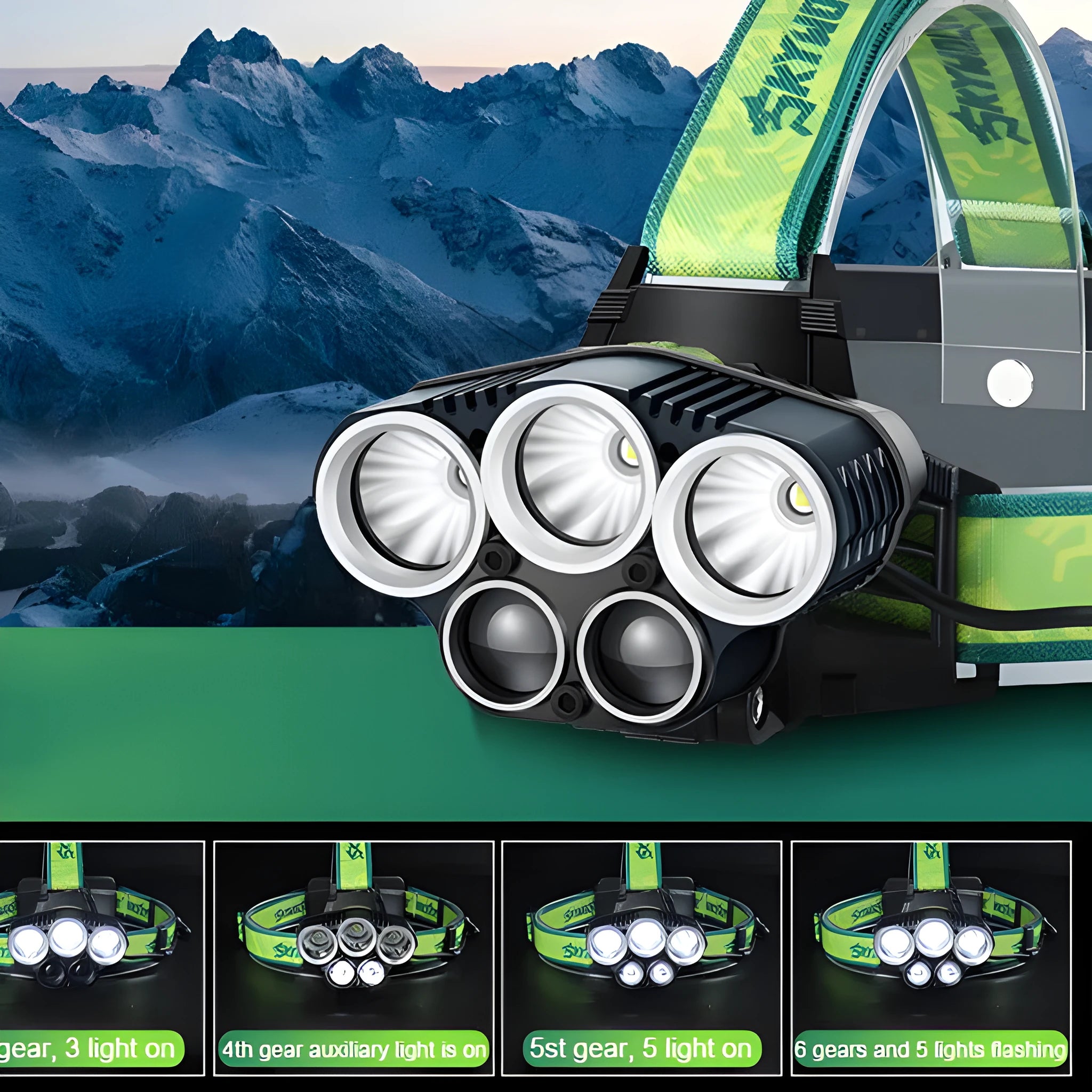 USB rechargeable outdoor headlight with 5 LED bulbs showing aluminium alloy construction and head strap