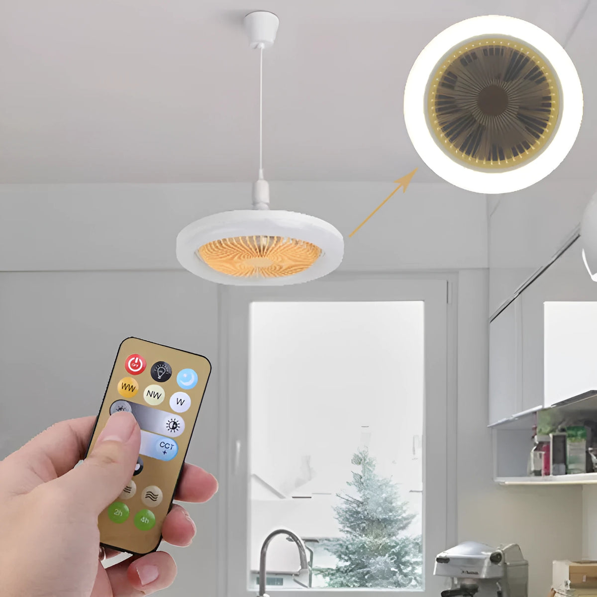 26cm round remote control ceiling fan with white LED lamp and plastic blades