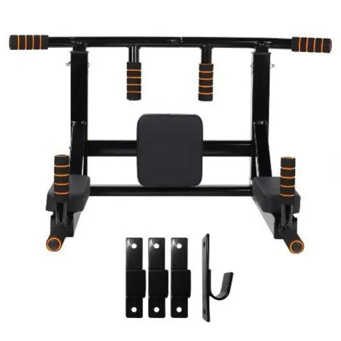 Black wall-mounted fitness equipment with parallel bars and sandbag rack for indoor and outdoor training