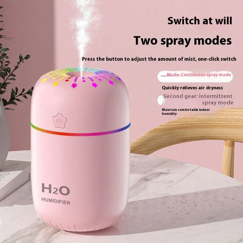 White USB mini humidifier with 300ml water tank on wooden desk next to laptop