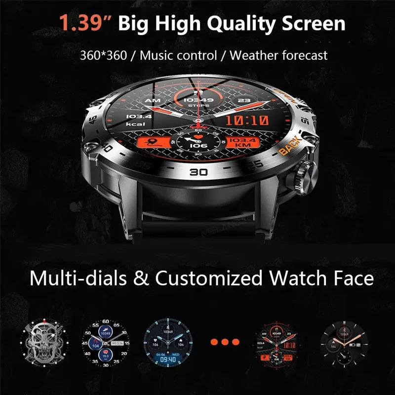 Bluetooth smart watch with colour options including black, silver steel, and orange on an IPS display.