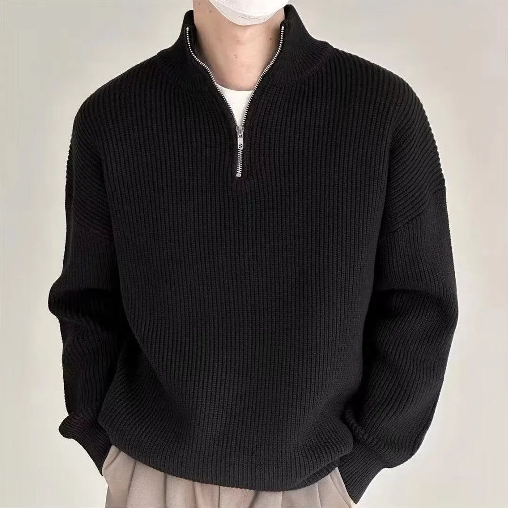 Men's loose fit half zip pullover sweater in black polyester blend long sleeves casual spring autumn top