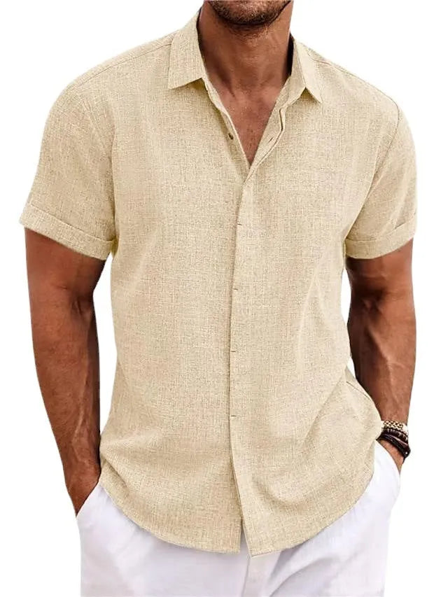 Men's loose short-sleeved solid colour polyester T-shirt with standing collar in apricot colour
