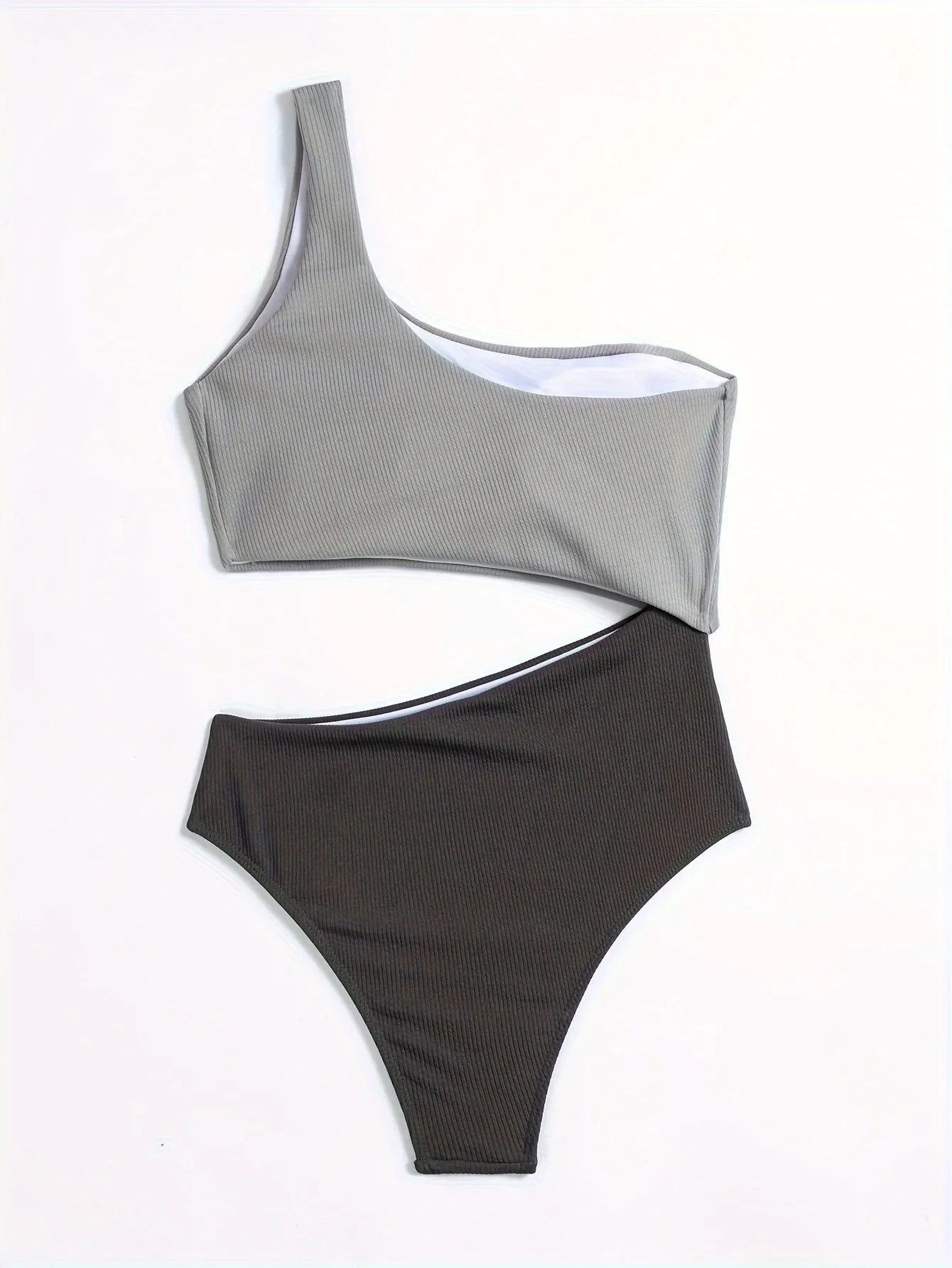 Light gray one-shoulder one-piece swimsuit on a white background.