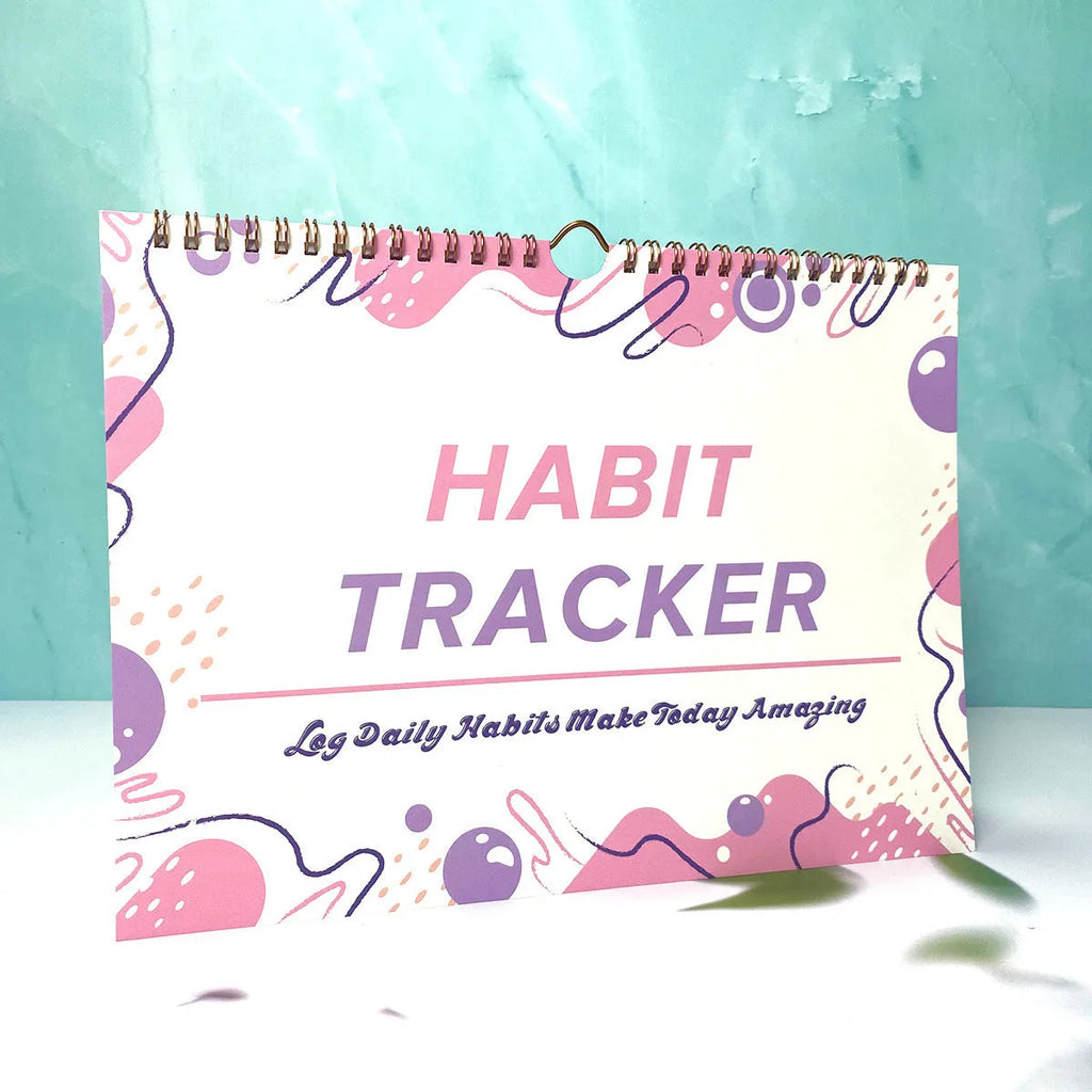 English habit tracking book with 12 pages measuring 21cm by 28cm in multiple colour options