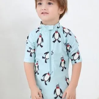 Boys' penguin print long sleeve swimsuit with matching swimming cap for sun protection