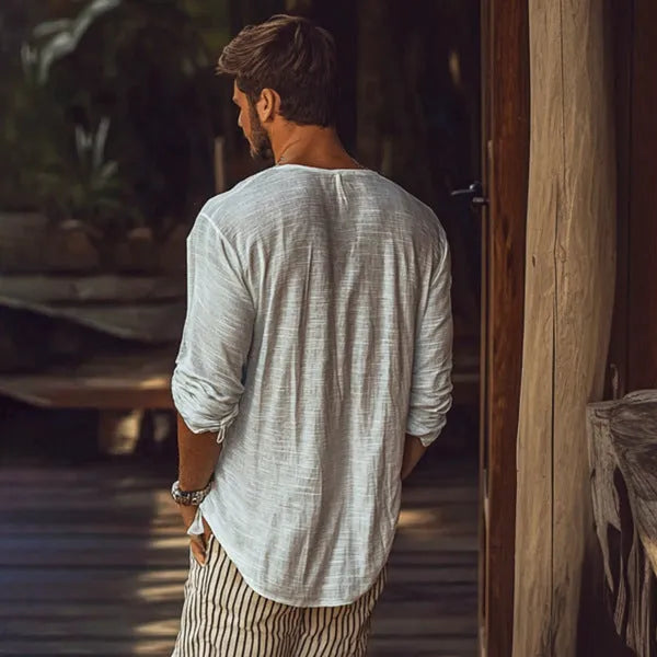 Beige V-neck long-sleeved slim-fit T-shirt made from hemp blend fabric