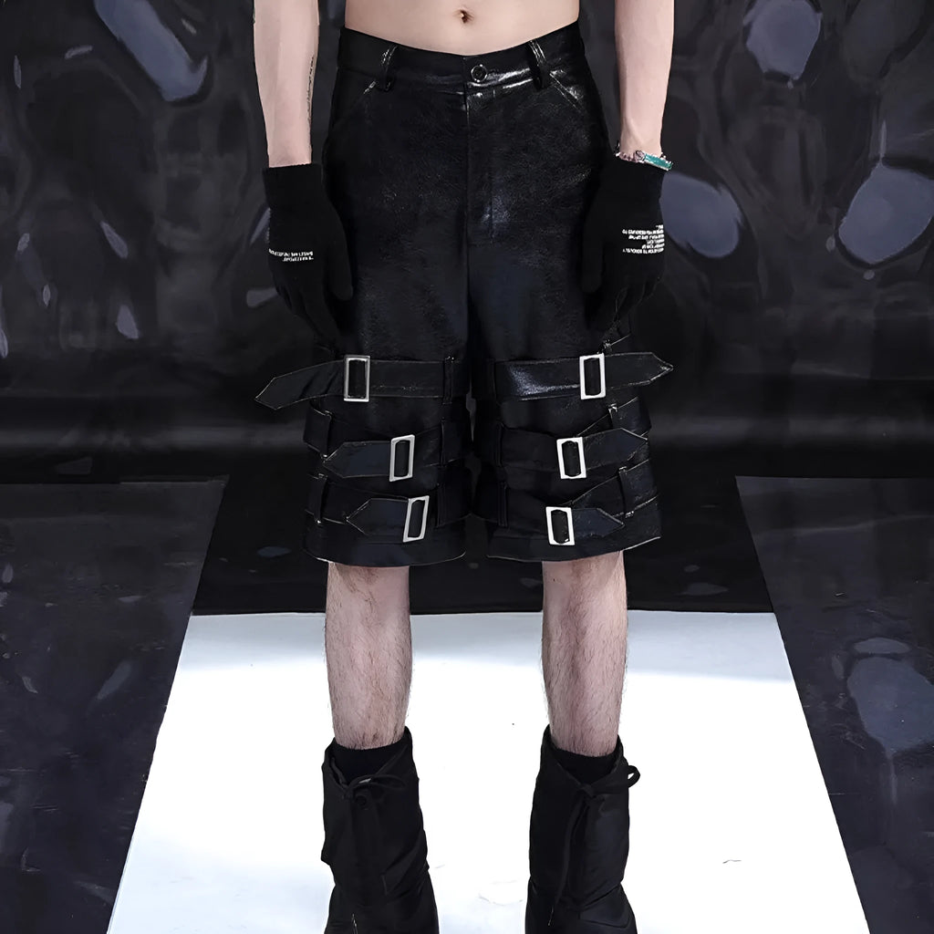 Men's black leather ring casual cropped pants with medium-low waist design