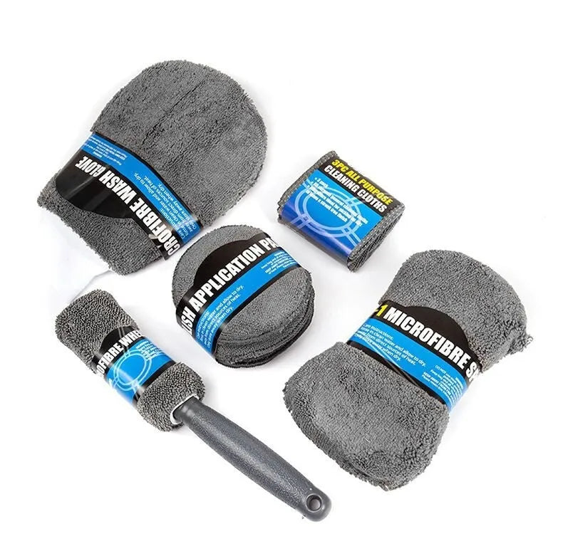Grey nine-piece car wash cleaning set showing microfiber sponge, gloves, tyre brush, and cleaning towels