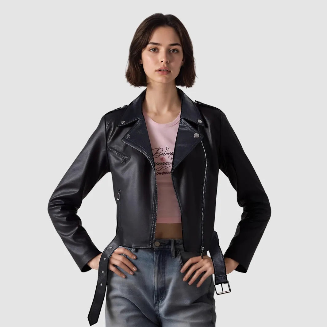Women's short PU leather motorcycle jacket with belt in black, red, milky white, and dark brown colours showing lapel collar and regular fit.