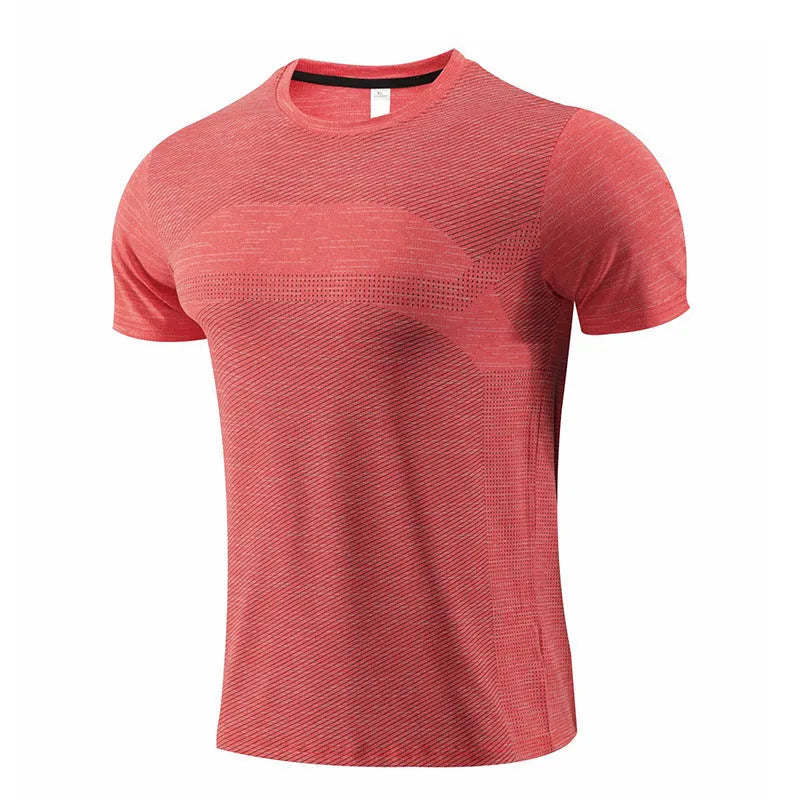 Men's short sleeve polyester spandex sports t-shirt for running and workouts on a mannequin