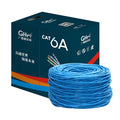 A large reel of blue or grey Cat 6A gigabit ethernet cable with oxygen-free copper conductors, showing 305m length.