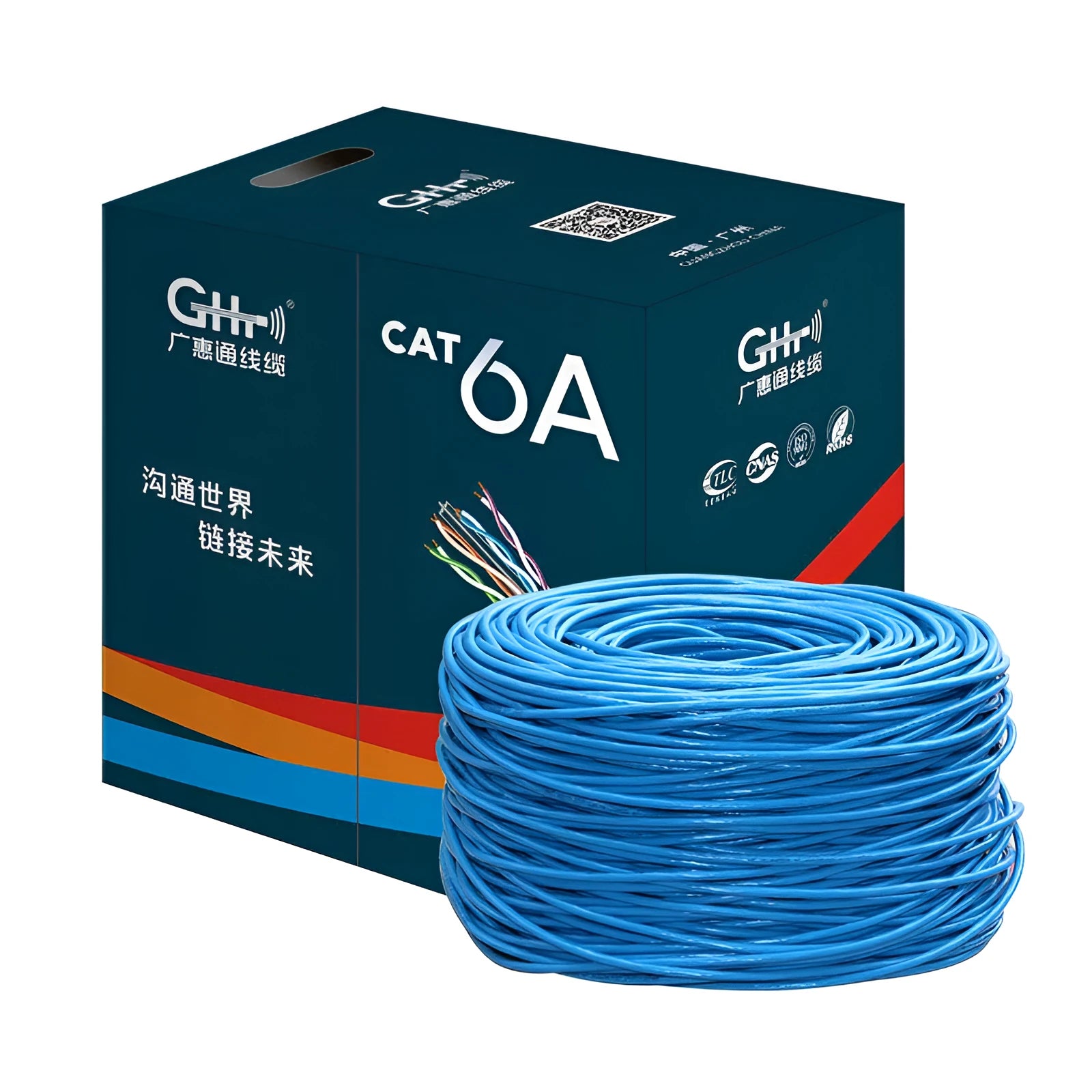 A large reel of blue or grey Cat 6A gigabit ethernet cable with oxygen-free copper conductors, showing 305m length.