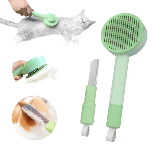 Green and yellow 2-in-1 pet grooming and deshedding brush with curved stainless steel teeth on a white background.