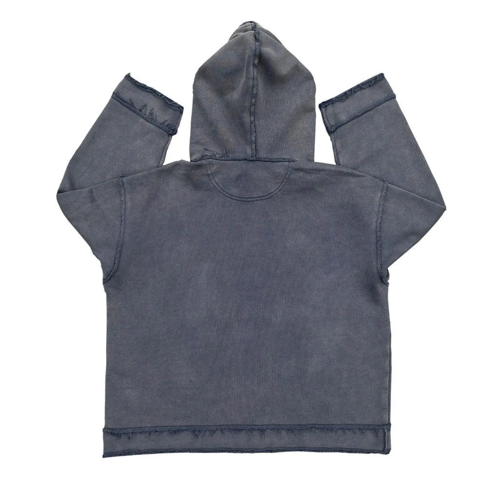 Dark blue hoodie sweatshirt with relaxed fit on mannequin showing front and side views