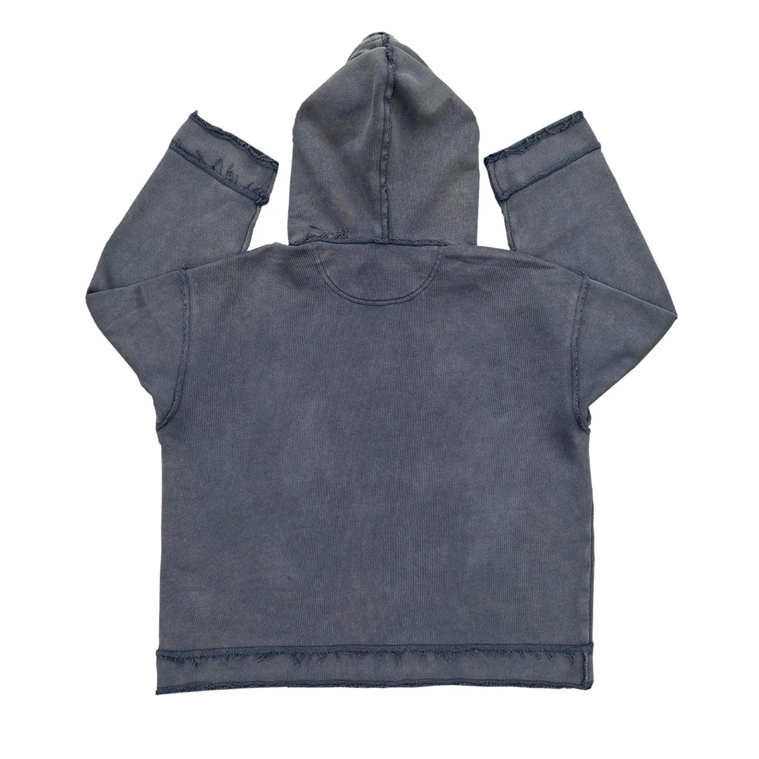Dark blue hoodie sweatshirt with relaxed fit on mannequin showing front and side views