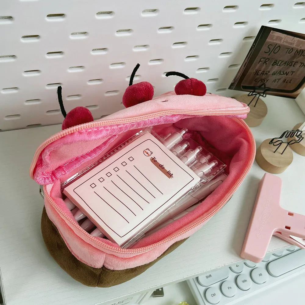 Cherry cake plush velvet pencil case Korean style design for pen storage