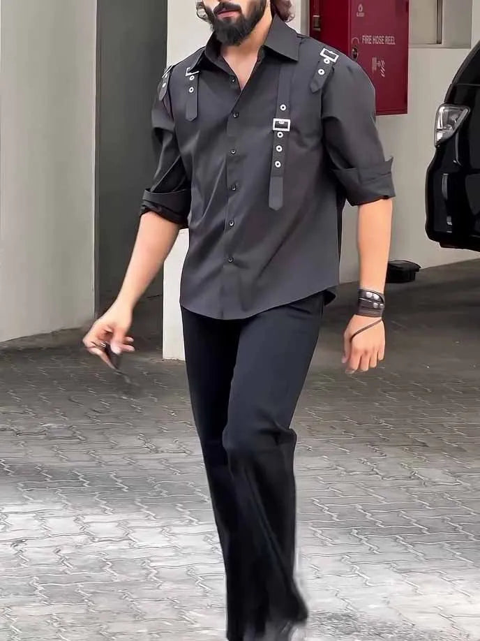Men's black polyester button-up shirt with regular fit on a mannequin.