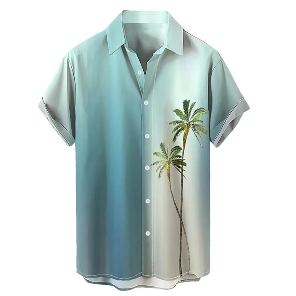 Man wearing a short-sleeved Hawaiian shirt with a colourful 3D printed pattern, suitable for casual summer wear.