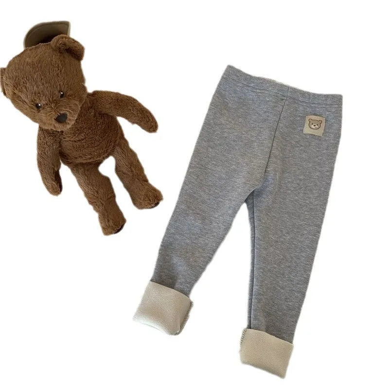Girls' Korean style fleece-lined leggings in high waist design with elastic band