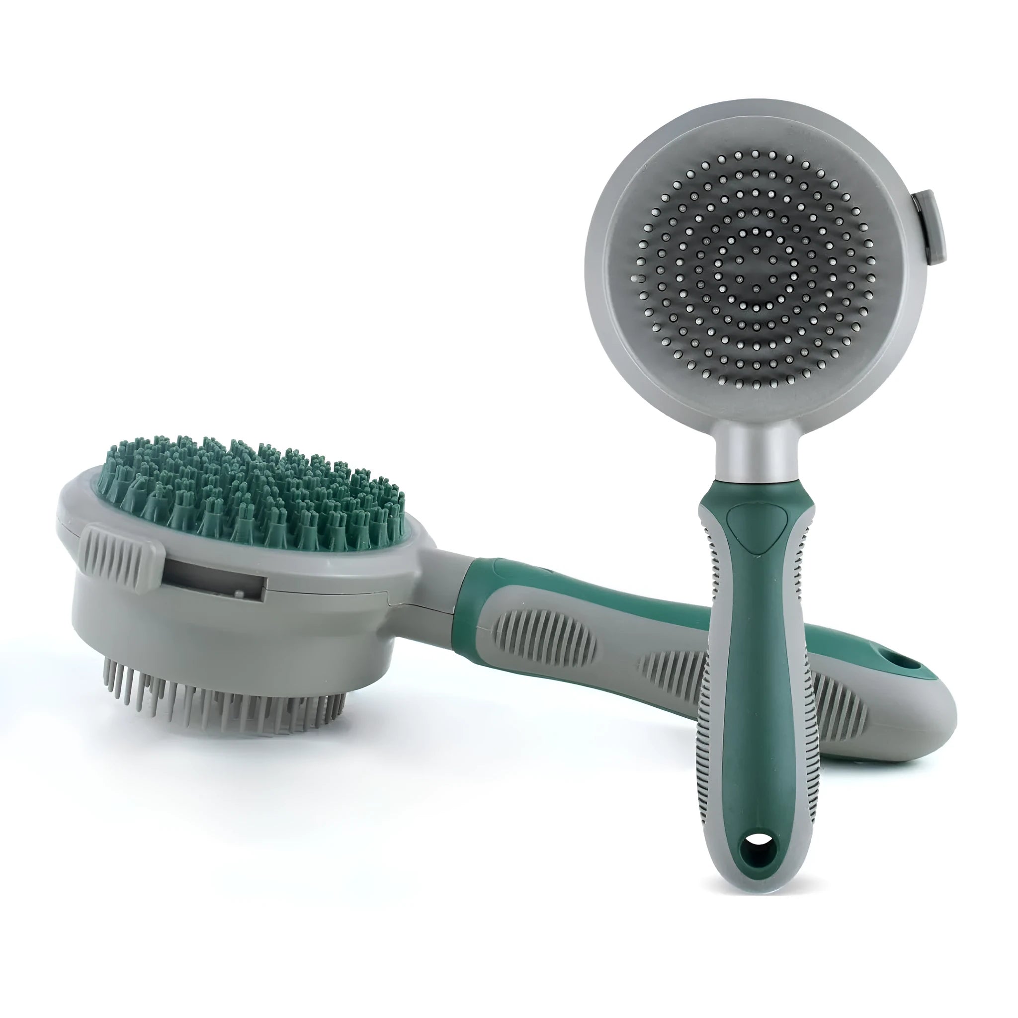 Green and pink dual-sided pet brush showing slicker brush side and silicone massage head side