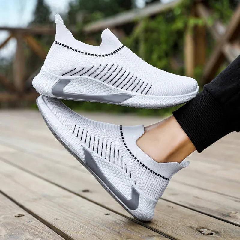 Men's striped mesh sock shoes with Flyknit upper and front lace-up closure in black, black white, or white colours