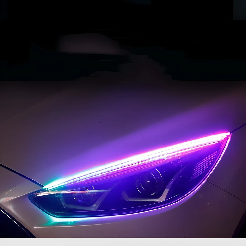 Universal LED daytime running lights with RGB colourful streamer turn signals and remote control for vehicles