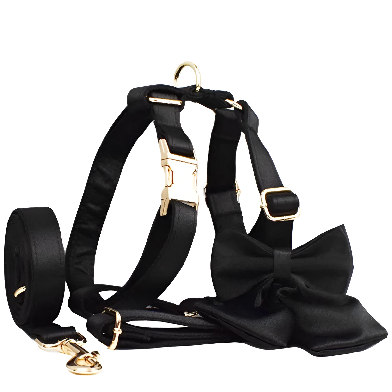 Cloth dog collar leash set with matching bow and vest accessories in multiple colours