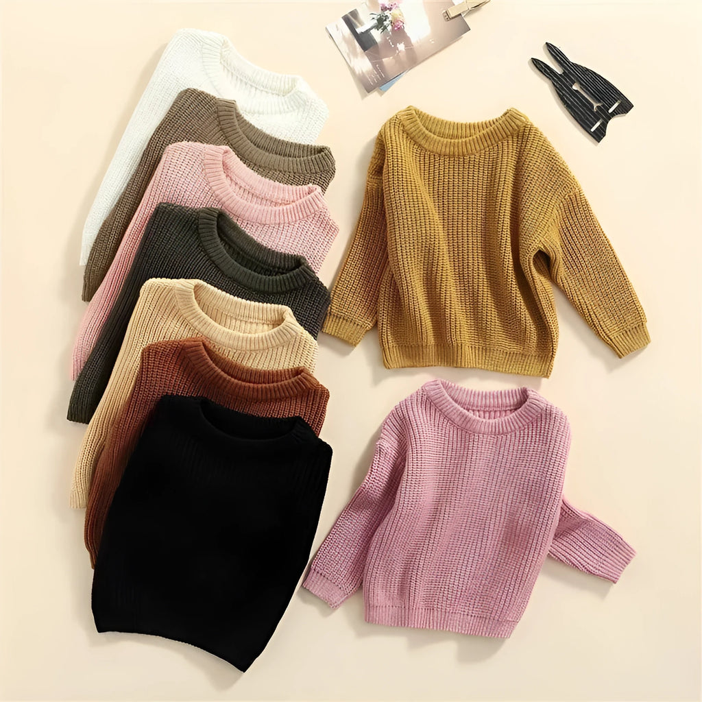 Girls' solid colour crew neck casual sweater in rabbit fur with star pattern, beige option, shown on child