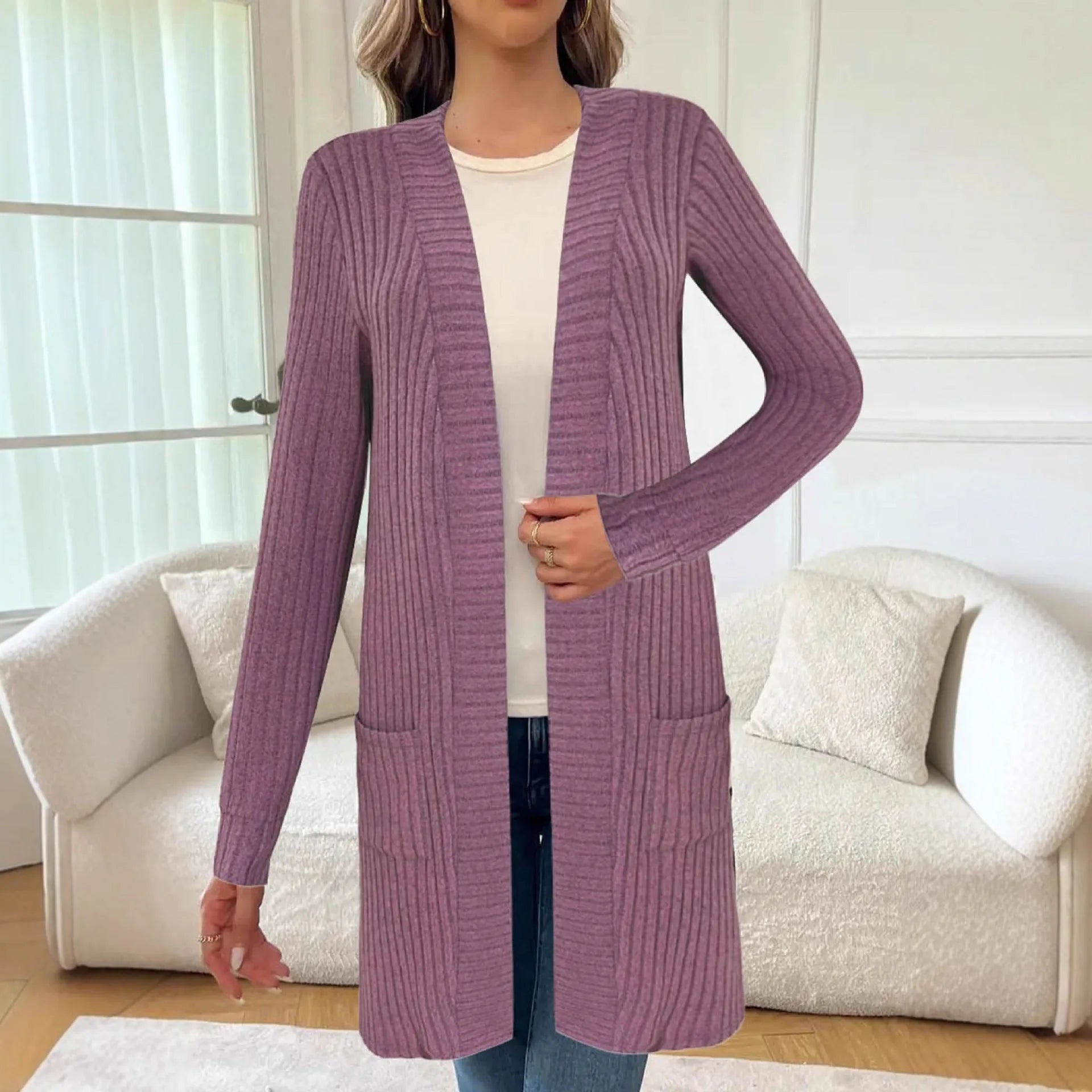 Long sleeve loose fit knitted cardigan jacket with pockets shown in black, grey, or wine red.