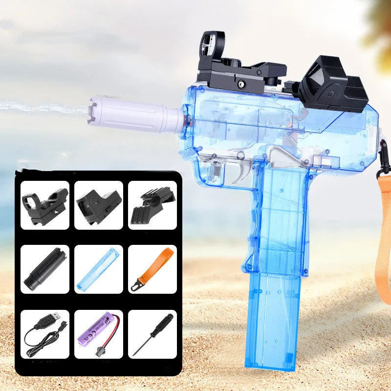 Uzi-style electric water gun toy with transparent blue plastic body and accessories