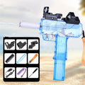 Uzi-style electric water gun toy with transparent blue plastic body and accessories