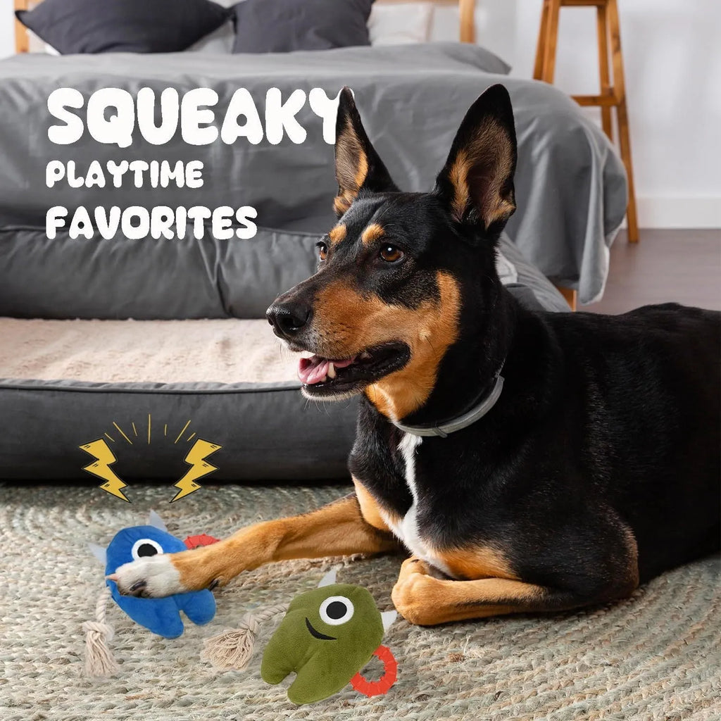 Blue and green plush dog toy with integrated cotton rope and squeaker for chewing and tug-of-war play.
