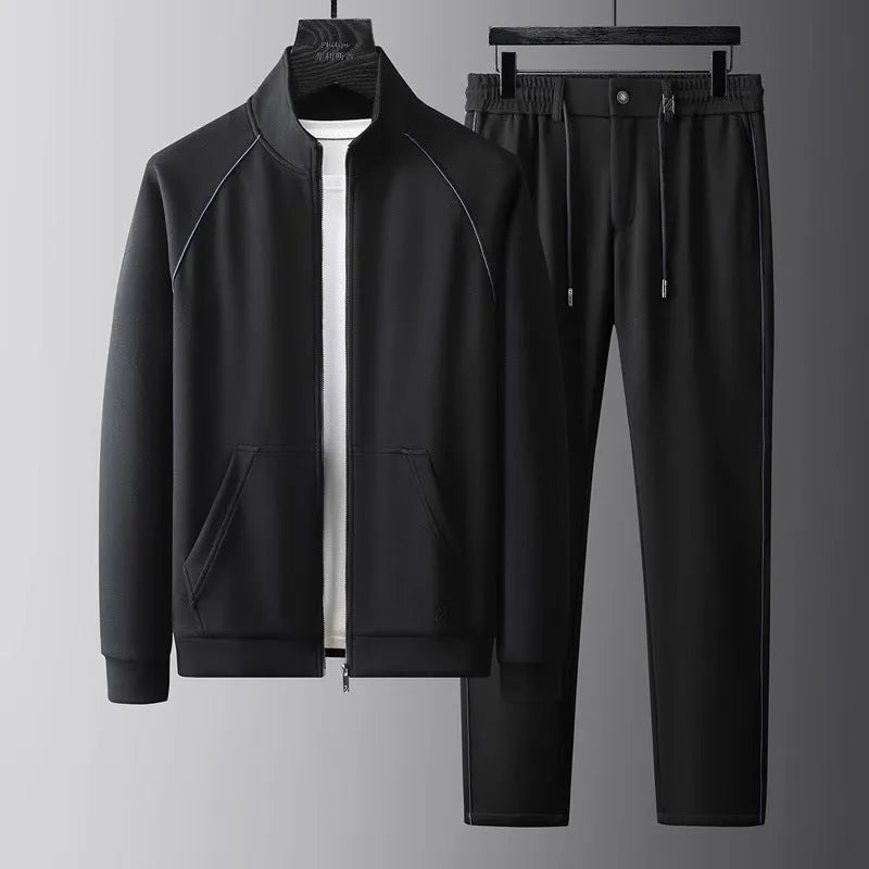 Men's slim fit stand collar sports suit set in polyvinyl alcohol fibre, shown in coffee or black colour.
