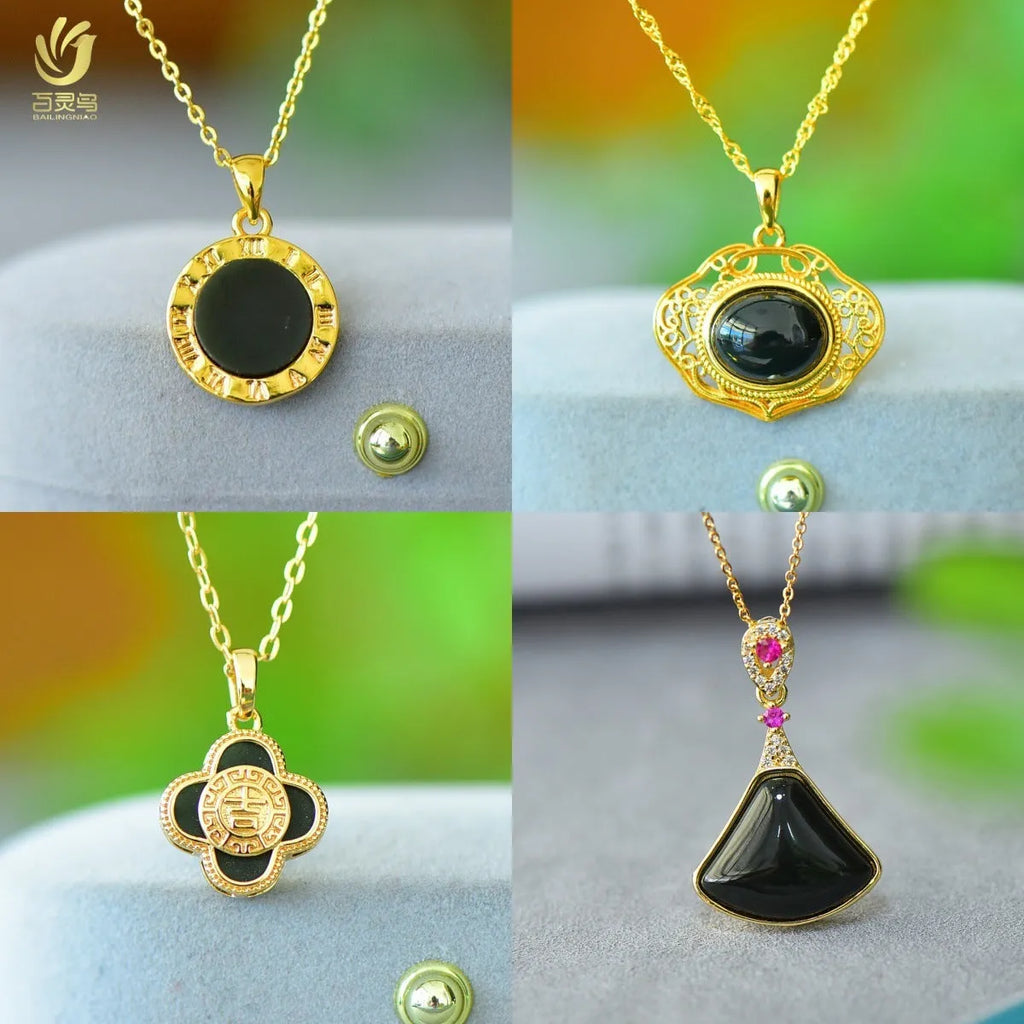 Flat natural Hetian grey jade pendant with copper inlay and ink blue jade accents on a necklace chain.