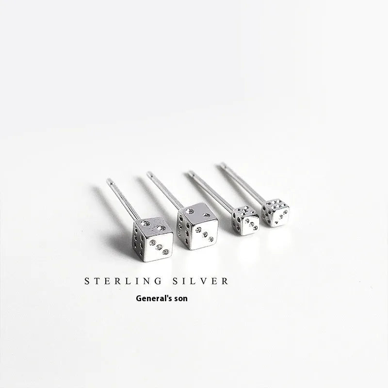 S925 sterling silver dice stud earrings in two sizes, geometric quadrilateral shape, on white background