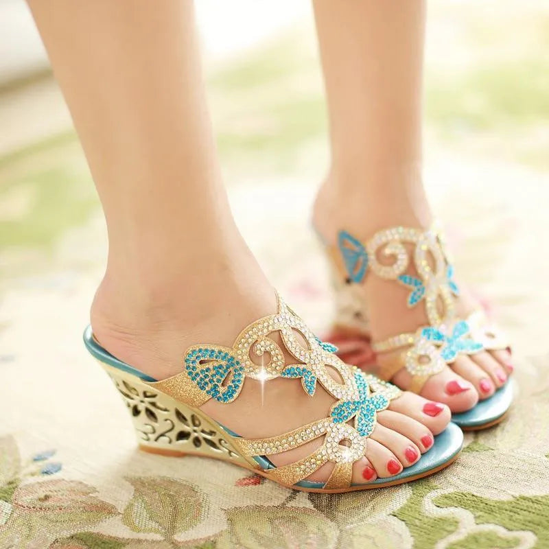 Women's gold peep toe wedge sandals with rhinestone detailing and 8cm heel